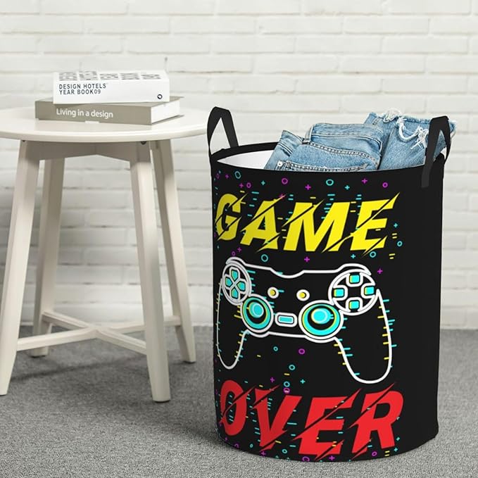 Gamer Round Laundry Hamper Game Joystick Storage Basket Toys Clothes Organizer Bin For Home Bathroom Bedroom Dorm Nursery, 62l