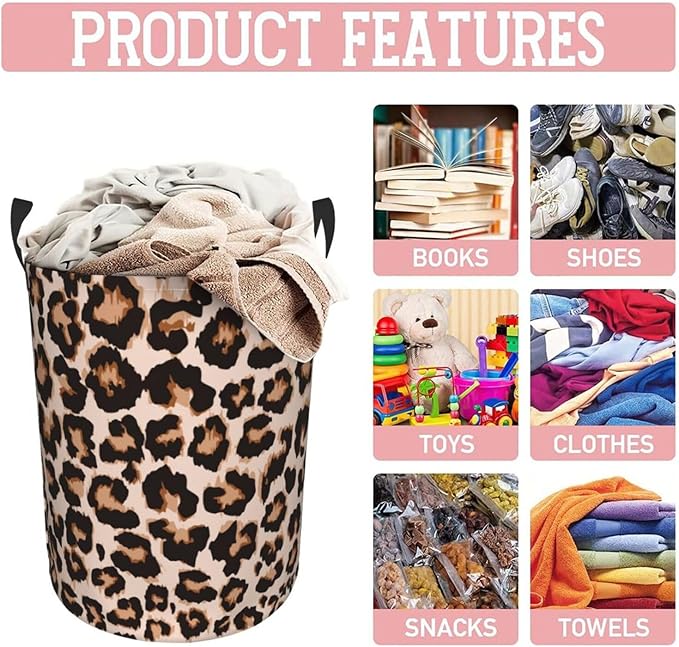 Cheetah Print Round Laundry Hamper Leopard Animal Skin Storage Basket Toys Clothes Organizer Bin For Home Bathroom Bedroom Dorm Nursery, 62l