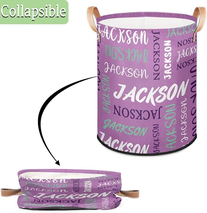 Custom Name Large Laundry-Basket for Kids-Boys-Girls, Personalized Foldable Waterproof Laundry Hamper Dirty Clothes Toys Storage Bin with Handles,Purple