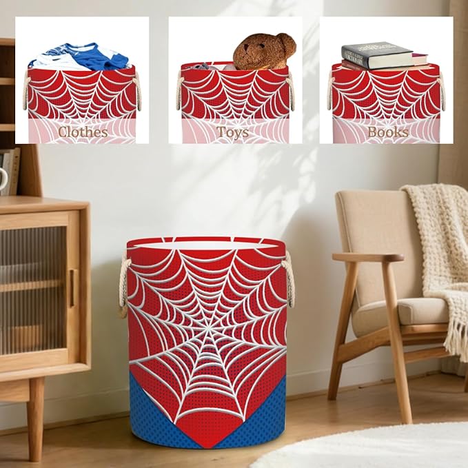 Red Spider Web Laundry Hamper - 58L Collapsible Waterproof Large Tall Nursery Storage Baskets Bin for Kids Toys, Clothes, Bathroom, Boys Bedroom Comic Hero Decor, Gift Basket