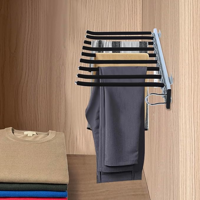 9 Arms Steel Slide Out Pants Rack Closet Pants Hanger Bar Pull Out Trousers Rack Tie Belts Scarf Racks, Wardrobe Clothes Organizers Rail Pull Out Closet Storage Rod-(Right Side Mounts)