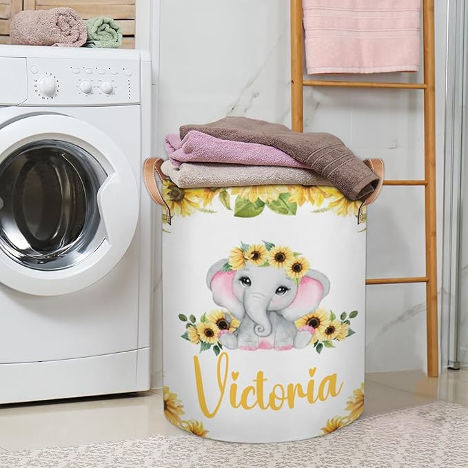 Personalized Laundry Basket, Custom Gift Laundry Hamper, Collapsible Nursery Waterproof Laundry Baskets, Dirty Clothes Toy Hamper with Handles Elephant Sunflower