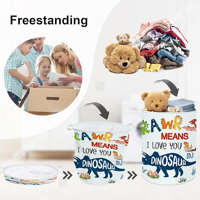 Dinosaur Laundry Hamper Large Storage Basket Cartoon Dino Collapsible Parents Organizer Kids Toy Clothes Bins for Bedroom, Bathroom, Boho Words, 63L