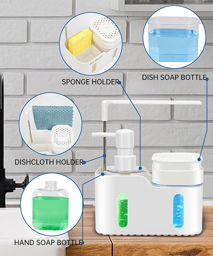 Hand Soap and Dish Soap Dispenser Set for Kitchen, Dual Soap Dispenser with Sponge Holder and Dishcloth Holder 4-in-1 Organizer for Kitchen Sink Countertop, Useful Kitchen Gadgets (White)
