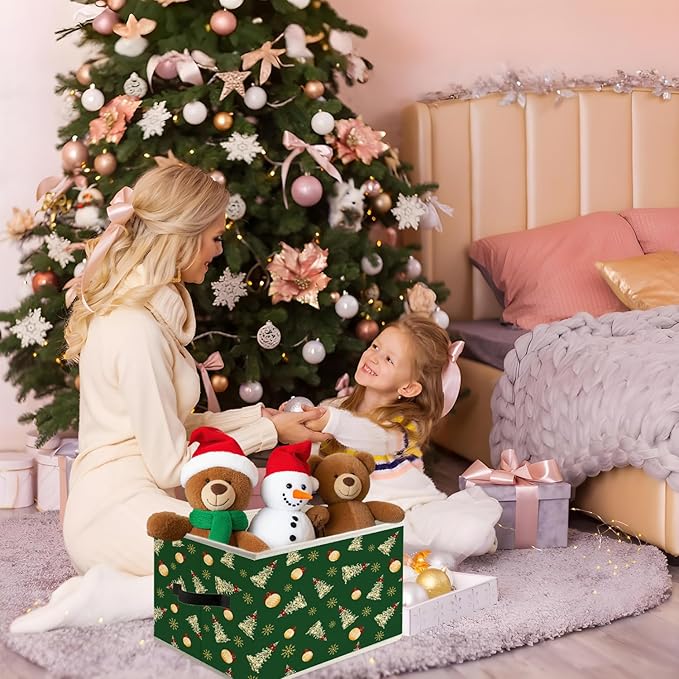 Green Christmas Tree Storage Bin Box with Handles, Snowflake Red Bow Bauble Ball Holiday Winter Christmas Foldable Organizer Basket Toybox for Home Bedroom Bathroom Clothes Toys Books