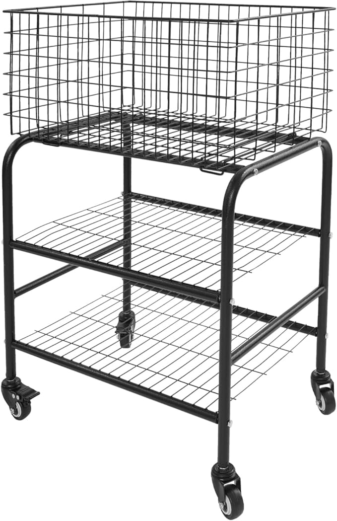 Rolling Laundry Basket on Wheels, 3-Tier Garment Storage Cart, Metal Wire Laundry Hamper Cart for Laundry Room, Bathroom, Bedroom (Black)