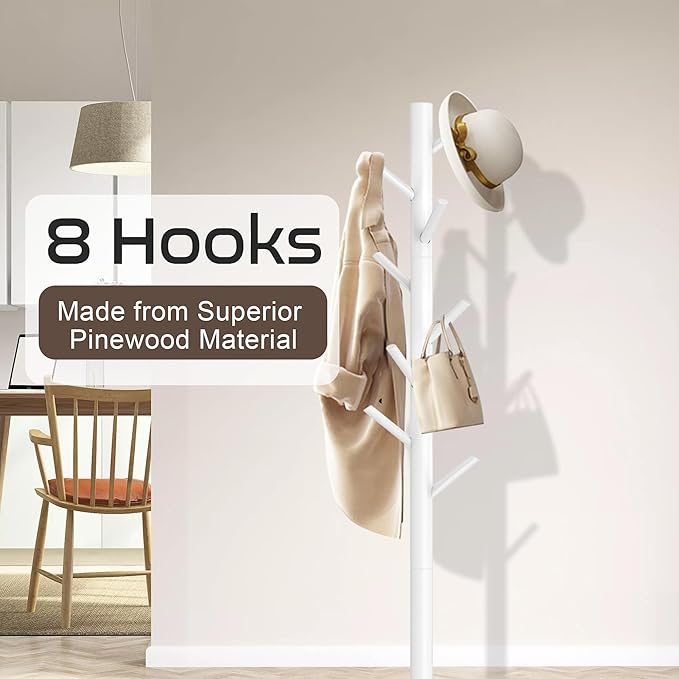 Wooden Coat Rack Stand, Freestanding Coat Rack with 8 Hooks, 3 Adjustable Size Coat Tree for Hats, Coats, Scarves bags, Coat Hanger Stand Used in Bedroom/Office/Entryway, 2 PCS (White)