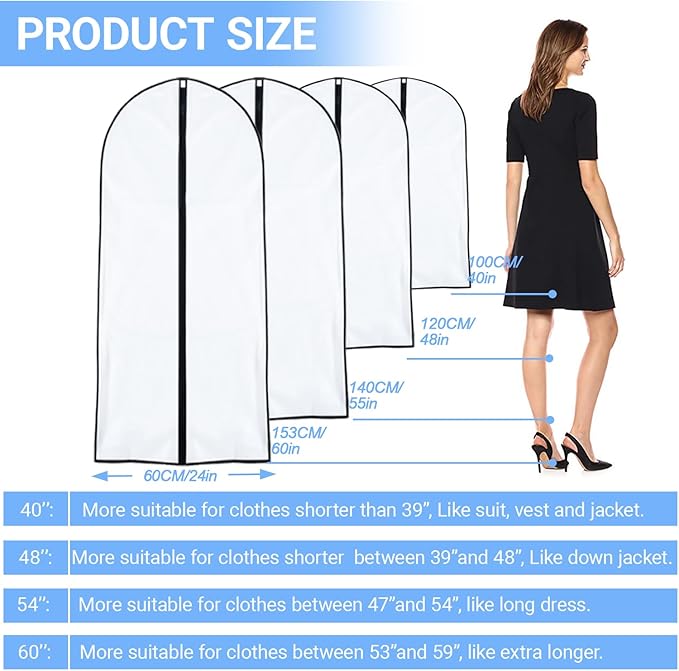 Garment Bags for Hanging Clothes (24''X48'' Set of 12) Suit Bags for Closet Storage Plastic Waterproof Suit Cover Bags with Zipper for Suit, Sweaters, Coat Protector Travel Closet Clothing
