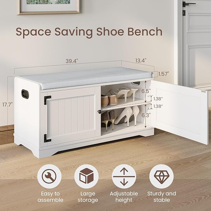 2-Tier Shoe Storage Bench, 39.4" W Shoe Bench with Padded Seat Cushion, Entryway Bench with Handles, 2 Doors, Adjustable Shelf for Living Room, Bedroom, Front Door, Hallway, Closet - White