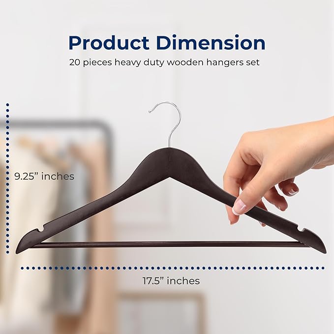 SereneLife 20 Brown Wooden Hangers Non-Slip Heavy Duty Suit and Coat Hanger Set with Chrome 360° Swivel Hooks Notches and Pants Bar Design for Closet Organization Clothes Durable 10 lb Capacity