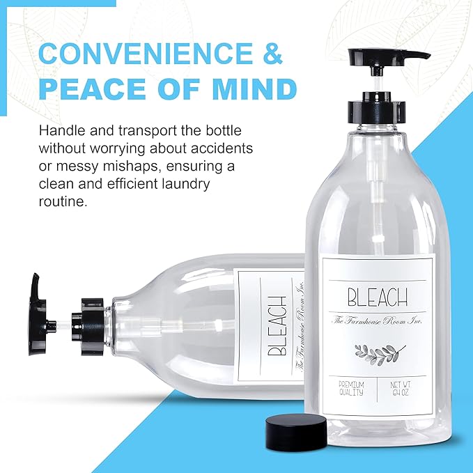 Bleach Dispenser for Laundry Room - Pump Bottle Dispenser for - BPA Free & PET Plastic 1/2 Gallon Soap Dispenser - Waterproof Label Bleach Bottle for 64oz