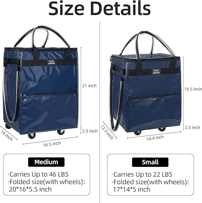 (Small, DK Blue) Reusable Grocery Bag on Wheels, Rolling Shopping Bags with Wheels and Handle, Folding Rolling Tote Trolley, Zipper Cover, Carries Up to 22 LBS, Easy Transportation