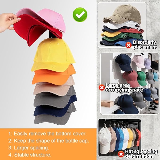Vocanoe Hat Organizer for Baseball Caps, 2 Pack Hat Rack for Wall Strong Adhesive Hold up to 16 Hats, Multilayer Hat Storage Holder, Wall Mounted Cap Racks for Closet Door and Bedroom
