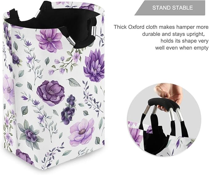 CaTaKu Floral Watercolor Purple Baby Laundry Baskets Collapsible, Large Tall Clothes Hampers for Kids Laundry Room Organizer Foldable Storage Bins with Handles