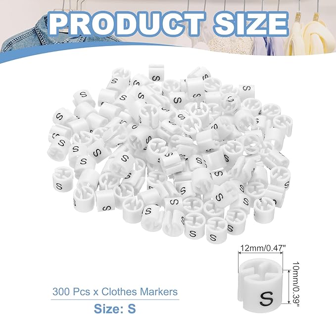 PATIKIL 300 Pcs Clothes Hanger Markers S Fit Rod Garment Size Tag Hanger Clips Round Color Coding Label for Clothing, White