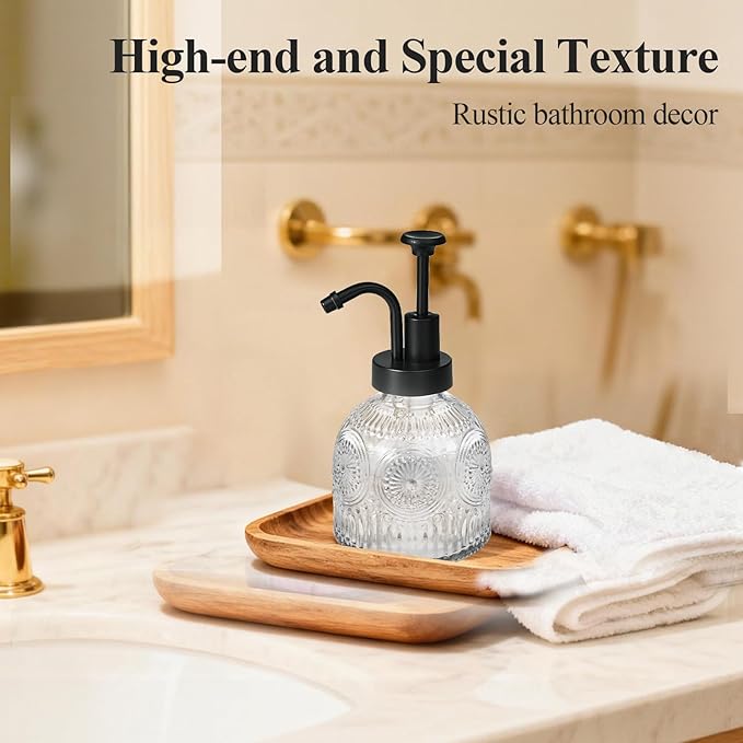 SheeChung Vintage Soap Dispenser, Kitchen Dish Soap Dispensers with Pump Mat, Glass Hand Soap Dispenser for Bathroom, Liquid, Lotion, Refillable, Rustic Farmhouse Decor-Clear (Black Pump, 1 pk)