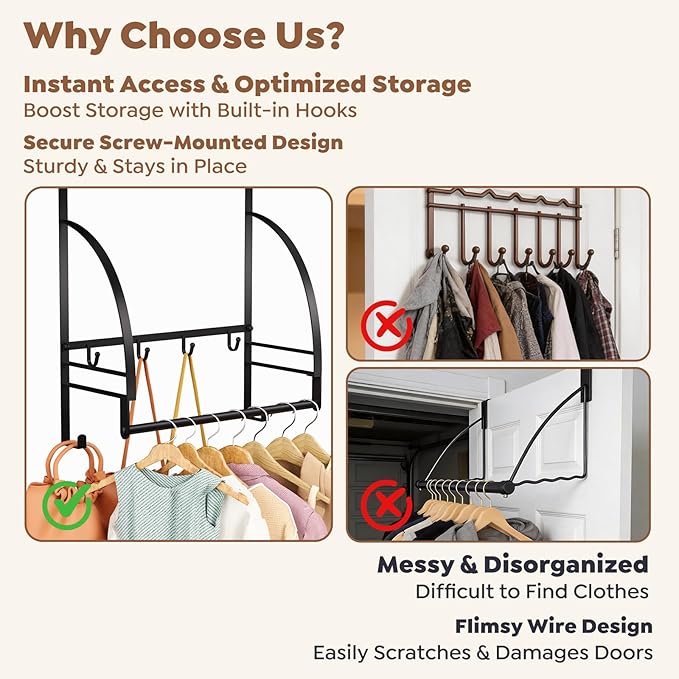Over The Door Clothes Hanger Drying Rack, Over Door Drying Rack Hooks for Hanging Towels, Coats & Clothes, Door Hanger Organizer Storage for Bathroom Bedroom Laundry Dorms Washroom (Black)