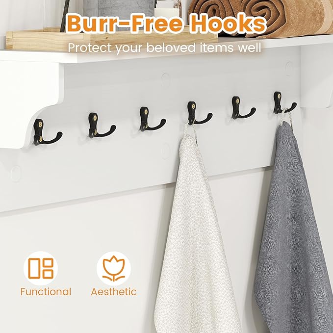 Giantex Coat Rack Wall Mount, 31.5" Wooden Coat Hooks with Shelf, Wall Clothes Rack w/ 6 Dual Hooks for Hats Towels Purses Robes, Floating Display Shelf for Living Room Bedroom Entryway, White