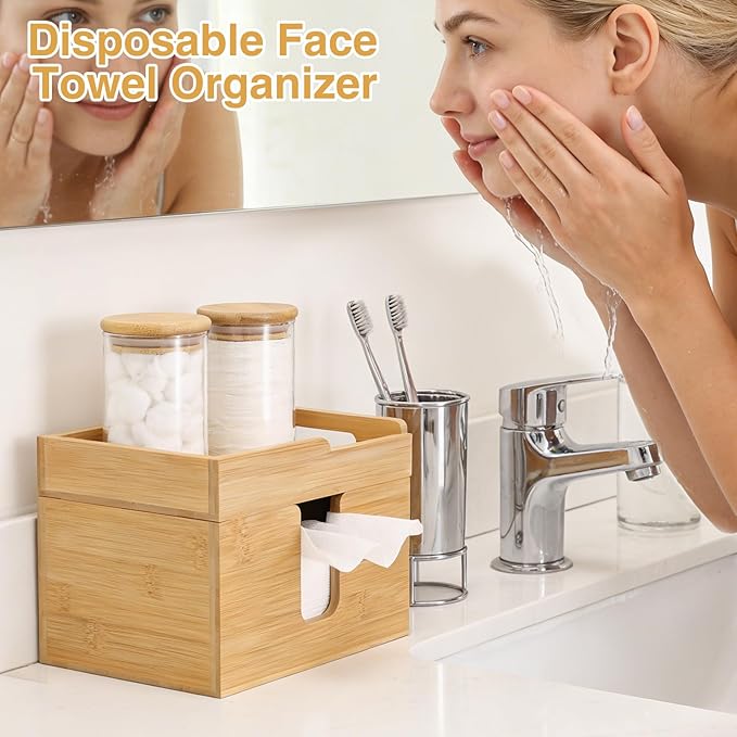 Bamboo Disposable Face Towel Holder with 2 Glass Jars - Open-Top Skincare Organizer for Facial Cleansing Wipes & Beauty Essentials - Bathroom Countertop Vanity Organizer