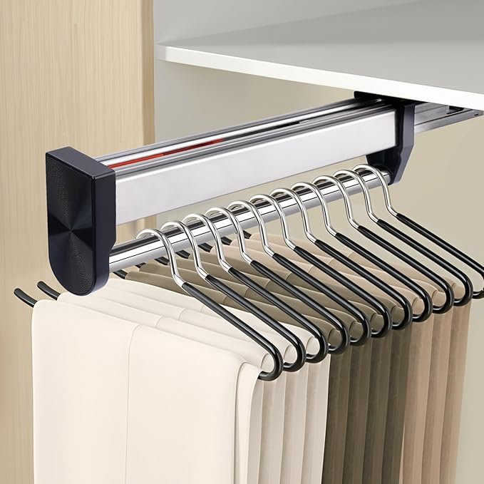 Pull Out Valet Rods for Closets, Clothes Hanger Rail Slide Out Adjustable Heavy Duty Stainless Steel Clothes Storage Hanger Rack for Pants Coats Top Mounted Wardrobe Pants Hanger(500mm/19.6inch)