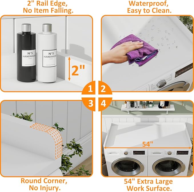 Washer Dryer Countertop, 54" Width * 27.4” Depth Washer and Dryer Covers for The Top for Laundry Room Organization, Washer and Dryer Countertop Shelves, White