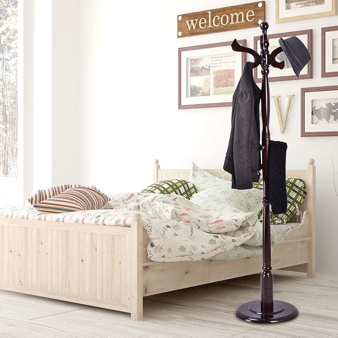 Tangkula 71" Free Standing Solid Wood Coat Hat Scarf Rack Hanger Tree Stand Home Furniture, Brown, (Model: Coat Tree Stand)