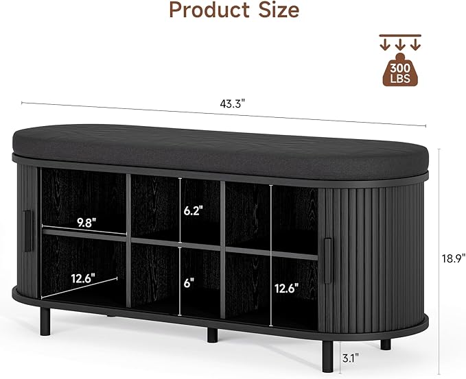 ONBRILL 43" Shoe Bench with Storage, Fluted Shoe Storage Bench with Cushion, Sliding Door and Adjustable Shelf, for Entryway, Hallway, Living Room (Black)