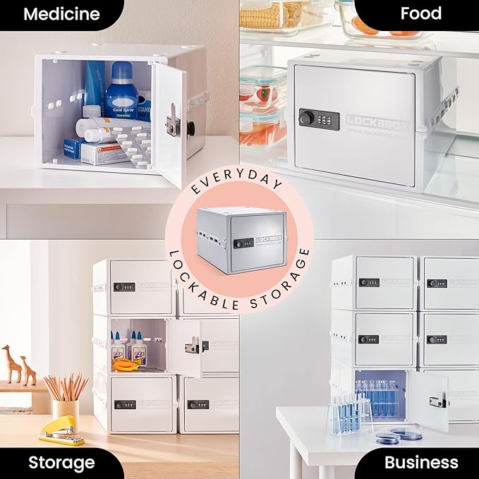 Lockabox One™ | Premium Lock Box | Medium Combination Lock Box For Food, Medicine & Home Safety | External Size 12 x 8 x 6.6 inches (Opal White)