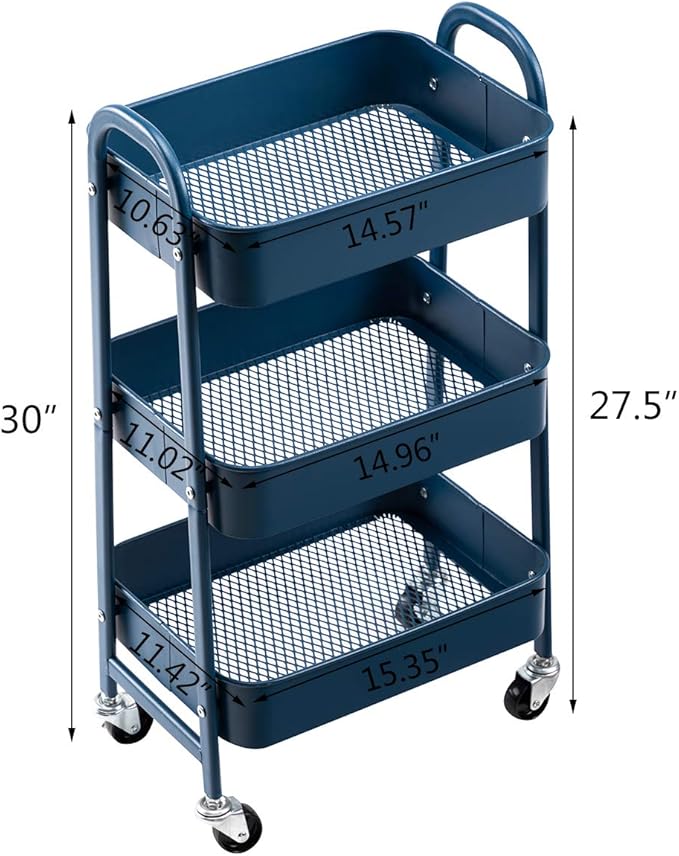 AGTEK 3 Tier Utility Rolling Cart with Lockable Wheels, Metal Multifunctional Storage, Organizer Cart for Kitchen, Office, Living Room, Makeup, Craft, Art Studio,Navy Blue