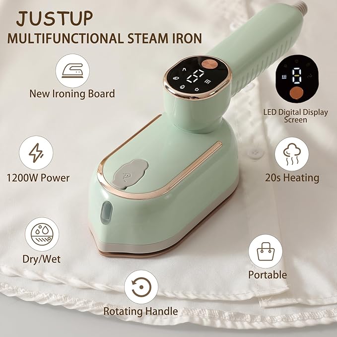 Portable Clothing Steamer, 1000W Clothing Wrinkle Remover, 3+1 Steam Adjustment Multifunctional Hanging Iron with LED Digital Display Screen, 130ml, with Water Shortage Warning, Safe Use (Green)