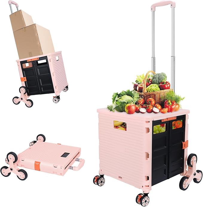 FELICON SELORSS Folding Utility Cart Portable Rolling Crate Handcart with Stair Climbing Wheels&360°Swivel Wheels Telescoping Handle Plastic Box Dolly for Travel Shop Move Office Teacher Use(Pink)