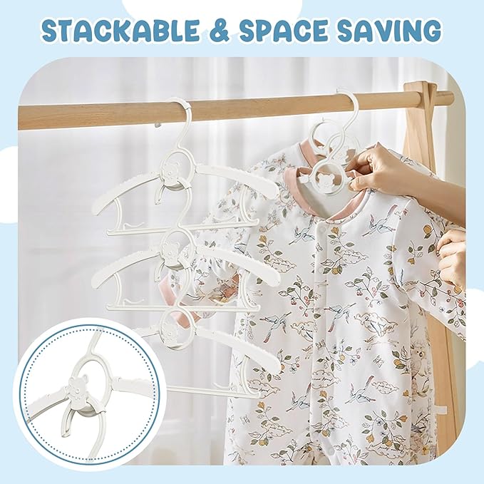 30 Pack Kids Hangers for Nursery Closet, Adjustable Non-Slip Toddler Baby Hangers with Windproof Buckle, 11-14" Infant Child Plastic Clothes Pant Hanger for Boys Girls Newborn Adult, White