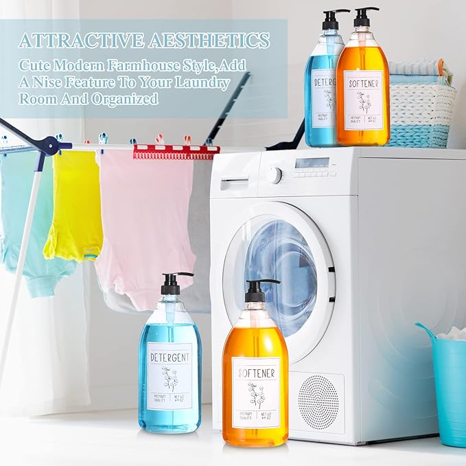 Nuenen Laundry Detergent Dispenser for Fabric Plastic Pump Laundry Soap Detergent Dispenser with Lids and 36 Labels for Farmhouse Decor, White 64oz Set of 4(Black)