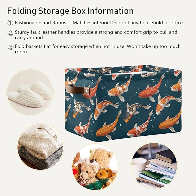 Foldable Storage Baskets, Koi Carps 3D Japanese Storage Bins with Handles, Decorative Cloth Organizer Storage Boxes for Home|Office 15 x 11 x 9.5 in