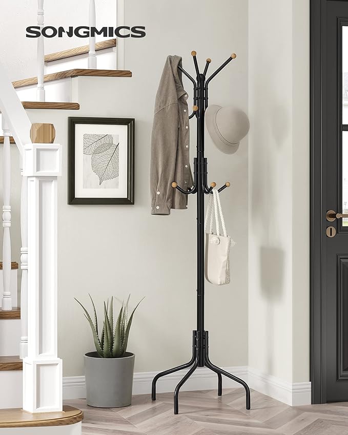 SONGMICS Coat Rack Freestanding, Metal Coat Rack Stand with 12 Hooks and 4 Legs, Holds Clothes, Hats, and Bags, for Entryway, Living Room, Bedroom, Black URCR031B01