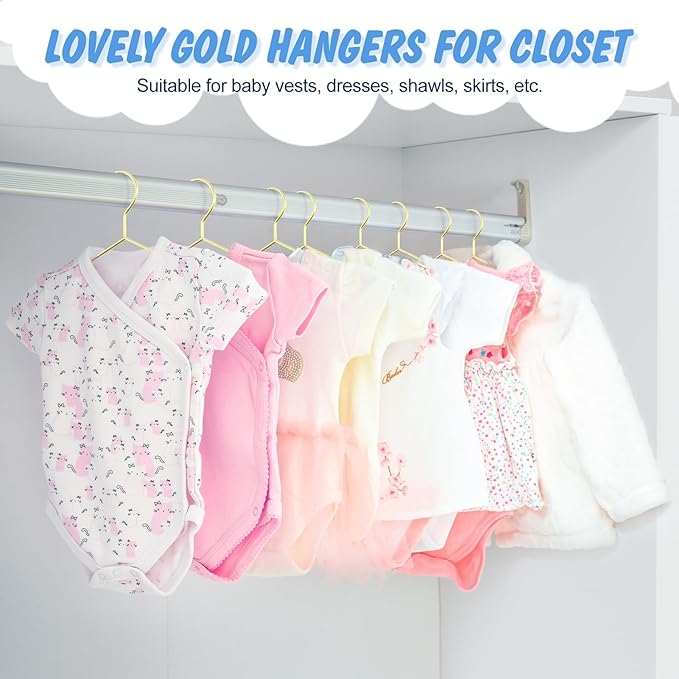 Gold Kids Hangers 12 Inch 60 Pack Strong Metal Wire Baby Clothes Hangers, Heavy Duty and Space Saving Infant Hangers for Toddler Chirldren Coats, Pants