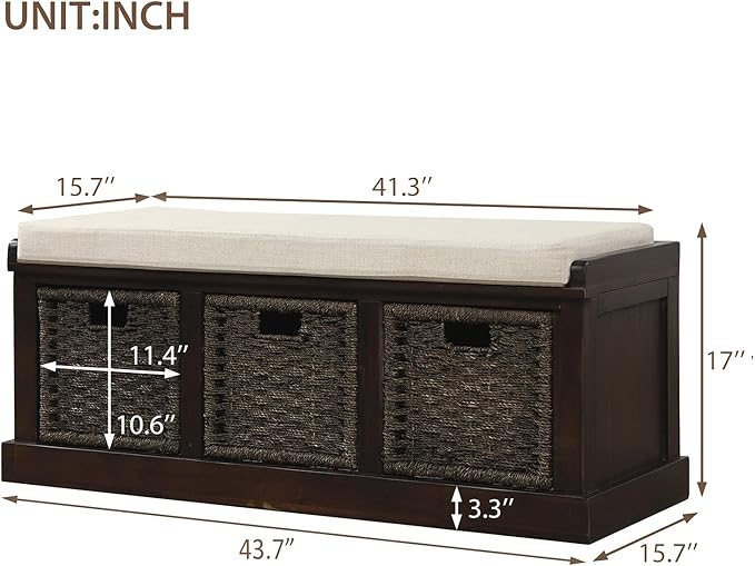 Merax Rustic Entryway Bench with Seat Cushion and 3 Rattan Basket Wood Storage Bench for Living Room Bedrooom Multipurpose Espresso