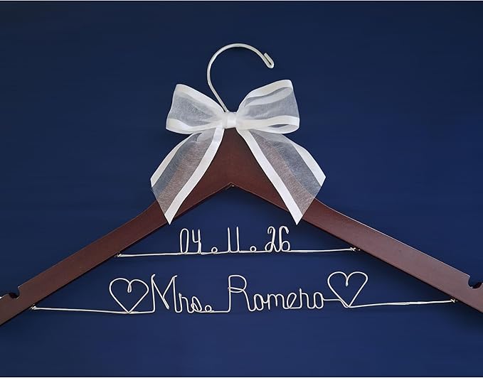Bride Wedding Hanger for Dress Bride Name Mrs Silver, Gold Wire Writing - Dark Wood or White Wood Hanger with Notches Choice of 10 Bow Colors with or Without Wedding Date, Graduation Gown