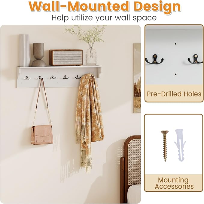 Giantex Coat Rack Wall Mount, 31.5" Wooden Coat Hooks with Shelf, Wall Clothes Rack w/ 6 Dual Hooks for Hats Towels Purses Robes, Floating Display Shelf for Living Room Bedroom Entryway, White