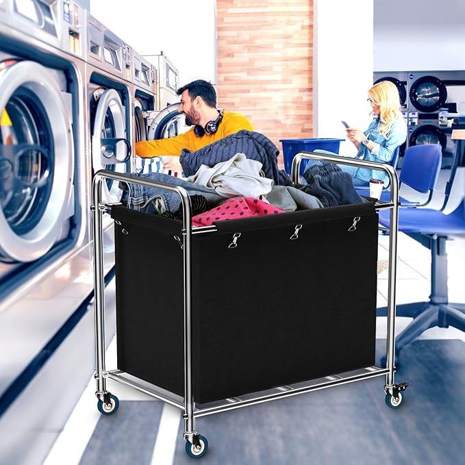 Commercial Laundry Cart with Wheels, 440 lbs Heavy Duty Industrial Laundry Cart with Sturdy Frame and Oxford Bag for Home Hotel Hospital, Rolling Laundry Cart for Home & Hotel, 400L(Black)