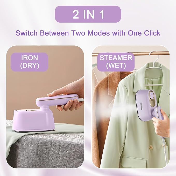 Travel Steamer, Dry & Wet 2 in 1 Portable Steamer for Clothes, 180° Rotatable Mini Steam Iron, Portable Iron for Home, Travel, Dorm, Gifts, School Gift, Home Essential (Purple)