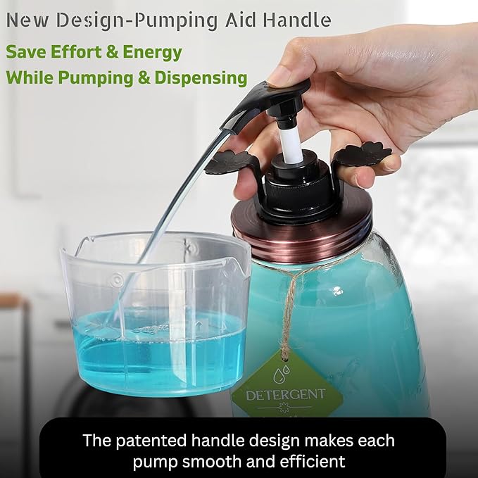 Glass Laundry Detergent Container - Besuerte Large Capacity Liquid Laundry Detergent Dispenser with Refillable & Reusable 2x50oz Mason Jars and Save Effort Pump Aid Handle, Bronze Cap