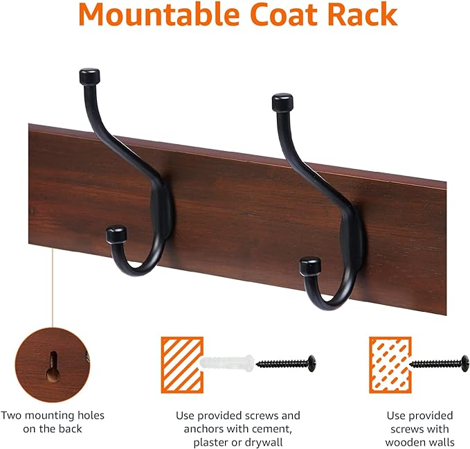 Amazon Basics Rectangular Farmhouse Wall-Mounted Coat Rack for Entryway and Bedroom, Storage Organizer, 5 Double Hooks, Light Walnut | Farmhouse, Rectangular