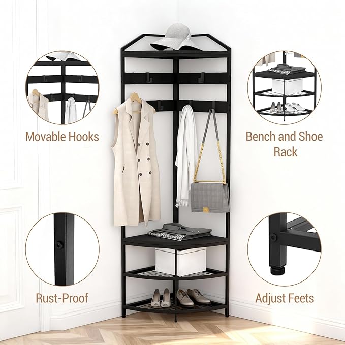 GarveeHome Corner Coat Rack, Coat Rack with 4 Shelves, Shoe and Coats Racks for Entryway, Heavy Duty Coats Racks with 6 Movable Hooks, Entryway Hall Tree for Hallway Bedroom and Office Black