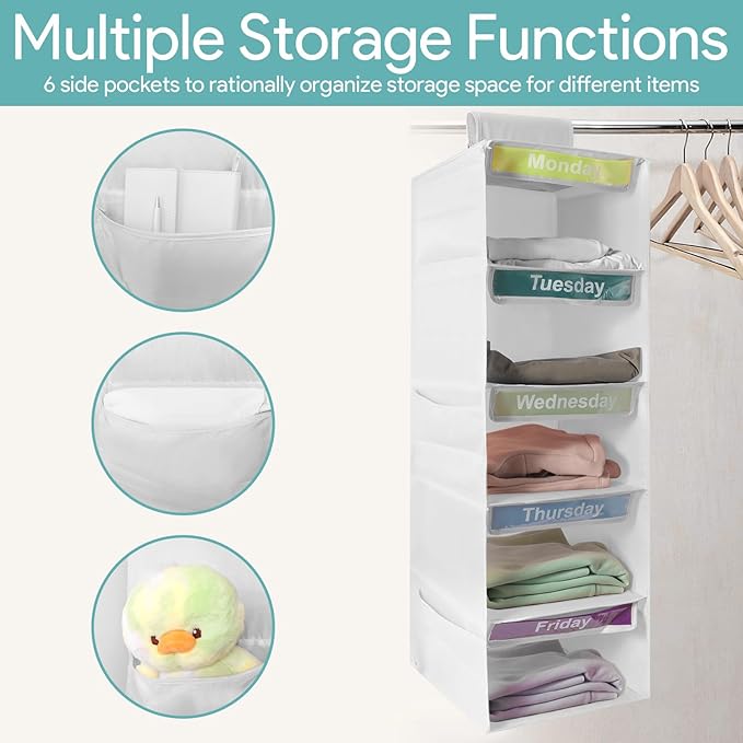 5-Shelf Weekly Clothes Organizer for Kids, Collapsible Hanging Closet Shelves, Baby Closet Organizers and Storage with 6 Side Pockets, Daily Clothing Divider for Boys and Girls (White)