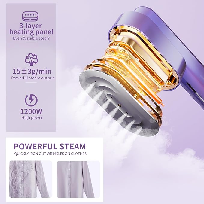 Heapsion Steamer for Clothes, 2-in-1 Portable Handheld Garment Steamer & Iron with Self-Cleaning, 1200W Powerful & 30s Fast Heat-Up, Large Ceramic Panel, for Travel, Home and Office Use Mini, Purple