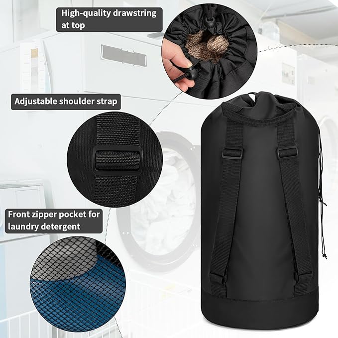 Laundry Bag Backpack with Shoulder Straps and Mesh Pocket Foldable Clothes Hamper Bag with Drawstring Closure for College, Apartment, Laundromat (Black)