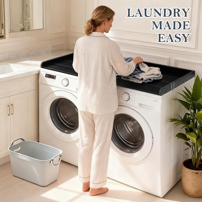 HDPE Washer Dryer Countertop, 54” x 27” No-Installation Laundry Countertop for Folding Clothes, Waterproof Washer and Dryer Topper with Raised Edge, Non-Slip Pads & Hooks (Black)