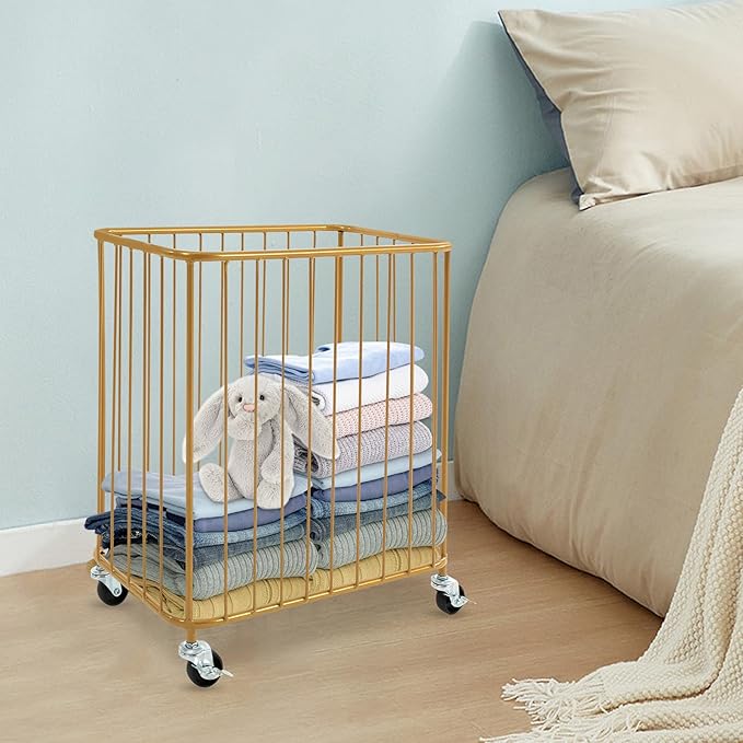 Rolling Laundry Hamper, Large-size Metal Laundry Basket Cart w/Wheels, Wheeled Clothing Hamper for Home, Hotel, Mall, Bathroom, Bedroom and Commercial Laundries (Gold)