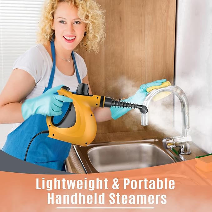 Pressurized Handheld Multi-Surface Natural Steam Cleaner with 12 pcs Accessories, Multi-Purpose Steamer for Home Use, Steamer for Cleaning Floor, Upholstery, Grout and Car (Orange)